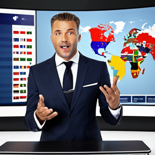 Home 24 **Prompt:** A charismatic professional auctioneer, dressed in modern business attire, confidently leading a dynamic online live-stream auction. The background features large, sleek digital screens displaying real-time bidding updates and a global map with various international flags or user icons, emphasizing worldwide participation. Elements of virtual reality or seamless digital integration should be subtly visible, blending traditional auction energy with cutting-edge technology. The ambiance is modern, energetic, and globally connected.