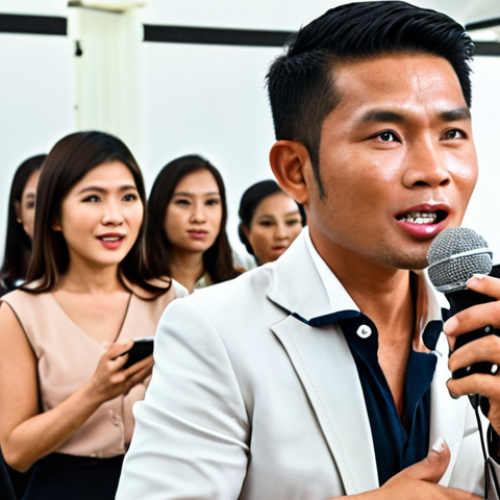 Home 23 **
A Thai auctioneer in a modern auction house, energetically calling out bids. He's wearing a smart-casual outfit, microphone in hand, with a confident expression. The background shows a diverse crowd of potential buyers, some using their smartphones to research or bid. Focus on capturing the dynamic energy and excitement of a live auction in Thailand.
**