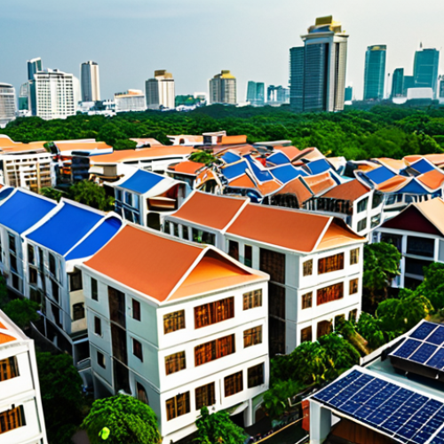 Home 22 **A bustling Thai real estate market scene.** Focus on modern buildings juxtaposed with traditional Thai architecture. Include subtle indicators of sustainability like solar panels or green spaces. The image should convey a sense of economic growth and environmentally conscious development. The style should be realistic with a slight painterly touch, vibrant colors.