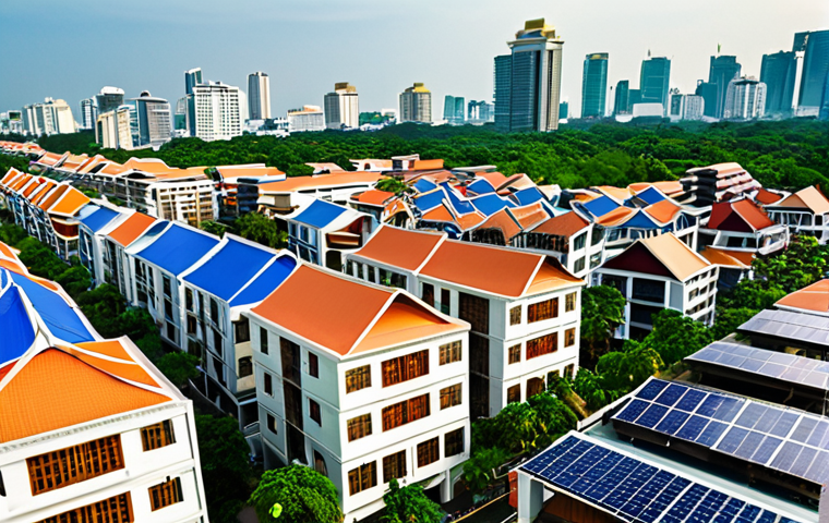 **A bustling Thai real estate market scene.** Focus on modern buildings juxtaposed with traditional Thai architecture. Include subtle indicators of sustainability like solar panels or green spaces. The image should convey a sense of economic growth and environmentally conscious development. The style should be realistic with a slight painterly touch, vibrant colors.