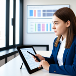 A professional female student, fully clothed in modest business casual attire, seated at a modern desk in a well-lit study space. She is intently interacting with a tablet displaying an AI legal assistant application. The tablet screen shows simplified legal text summaries, interactive query bubbles, and clear flowcharts, illustrating complex laws made easy to understand. The atmosphere is focused and intelligent. Perfect anatomy, correct proportions, natural pose, well-formed hands, proper finger count, natural body proportions, professional photography, high quality, safe for work, appropriate content, fully clothed, family-friendly.