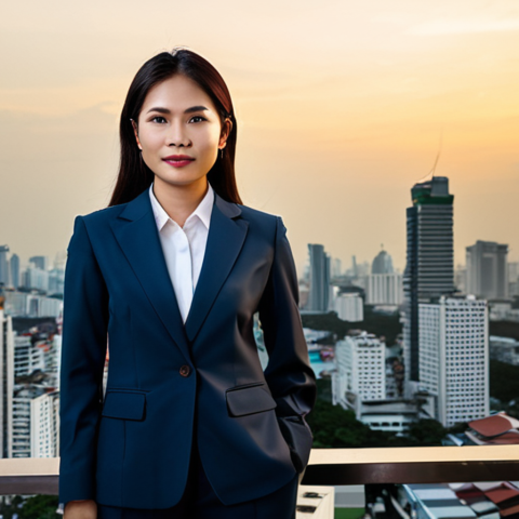 **
A professional Thai businesswoman in a modest business suit, standing confidently in front of the Bangkok skyline at sunset, fully clothed, appropriate attire, safe for work, perfect anatomy, natural proportions, professional photography, high quality.
**