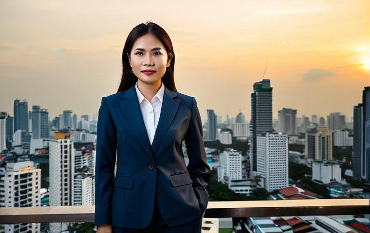 **

A professional Thai businesswoman in a modest business suit, standing confidently in front of the Bangkok skyline at sunset, fully clothed, appropriate attire, safe for work, perfect anatomy, natural proportions, professional photography, high quality.

**