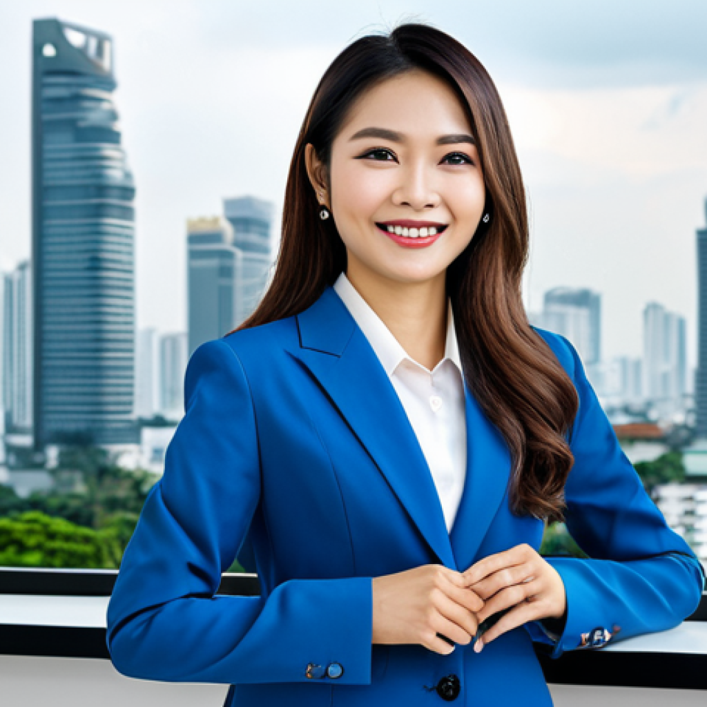 **

A Thai businesswoman in a stylish, modest business suit, smiling confidently while giving a presentation in a modern Bangkok office. The background features the city skyline. Fully clothed, appropriate attire, safe for work, perfect anatomy, natural proportions, professional photograph, high quality, family-friendly.

**