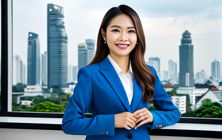 **

A Thai businesswoman in a stylish, modest business suit, smiling confidently while giving a presentation in a modern Bangkok office. The background features the city skyline. Fully clothed, appropriate attire, safe for work, perfect anatomy, natural proportions, professional photograph, high quality, family-friendly.

**