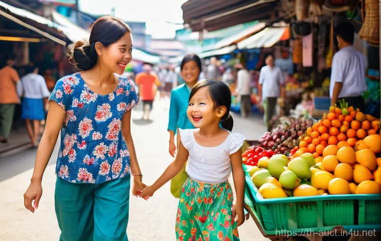 경매사 실기시험 준비 과정 브이로그 - **Prompt:** A vibrant and joyful scene of a Thai family enjoying a day at a bustling local market. T...