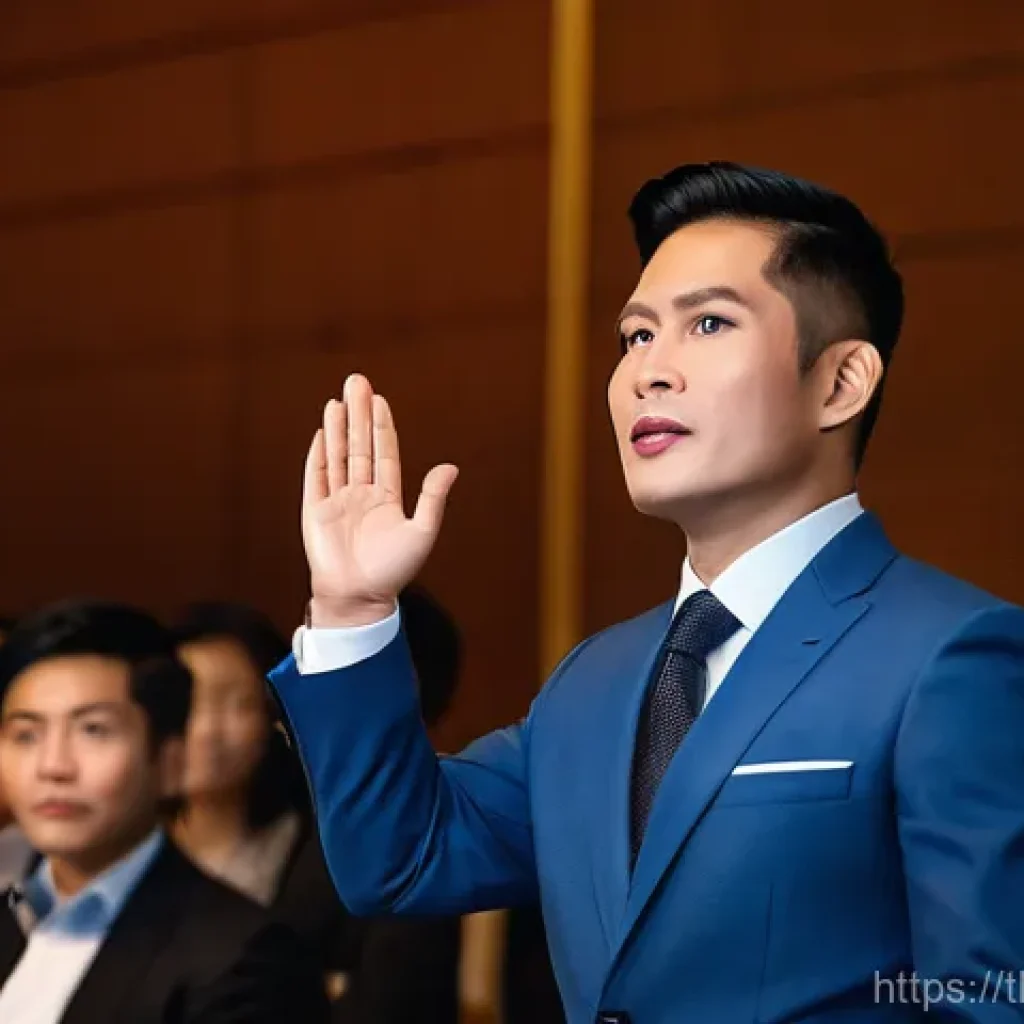 경매사 주요 업무와 역할 - **Prompt:** A charismatic Thai auctioneer, a man in his late 30s, dressed in a bespoke dark suit wit...