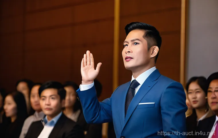 경매사 주요 업무와 역할 - **Prompt:** A charismatic Thai auctioneer, a man in his late 30s, dressed in a bespoke dark suit wit...