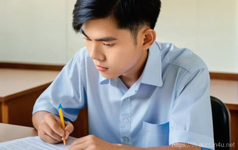 경매사 필기시험 시간 관리법 - **Prompt:** A focused Thai university student, mid-20s, female, with neatly tied dark hair, wearing ...