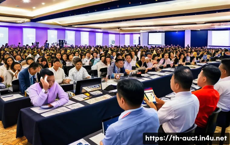 경매사 자격증 없이 입문하는 방법 - A vibrant indoor auction scene in Thailand featuring diverse participants in casual business attire ...