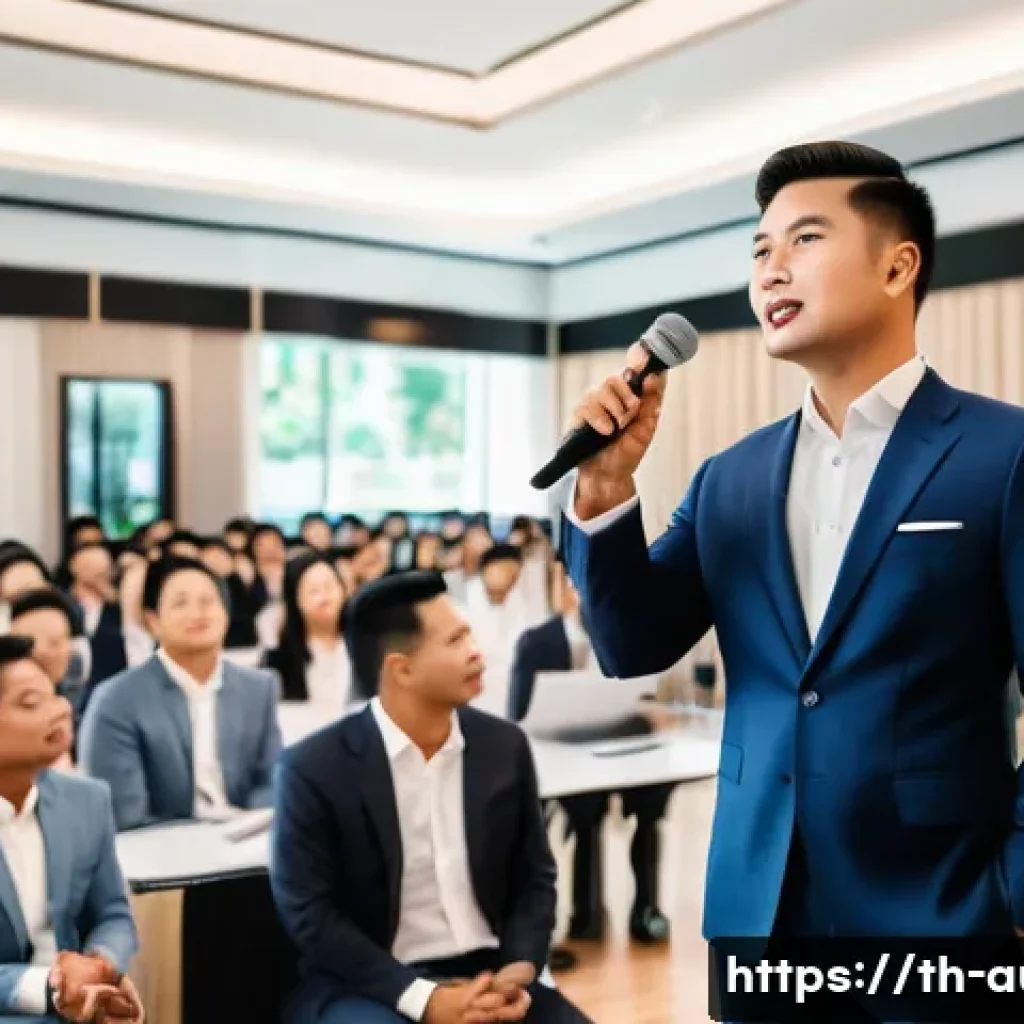 경매사 자격증과 연관된 직업 목록 - A professional Thai real estate auctioneer confidently conducting a live property auction in a moder...
