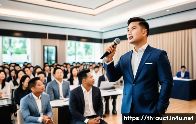 경매사 자격증과 연관된 직업 목록 - A professional Thai real estate auctioneer confidently conducting a live property auction in a moder...