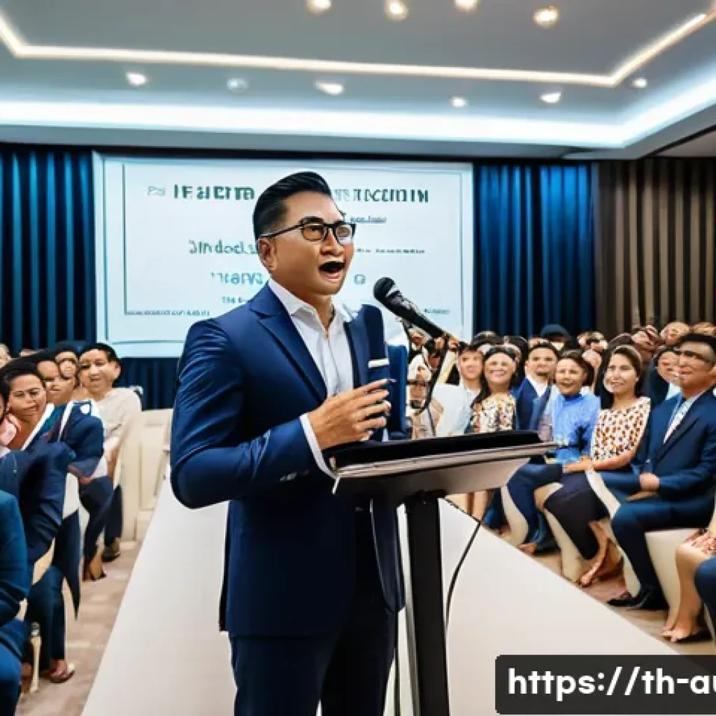 경매사 자격증의 중요성과 필요성 - A professional auctioneer confidently standing at a modern auction house podium in Bangkok, Thailand...