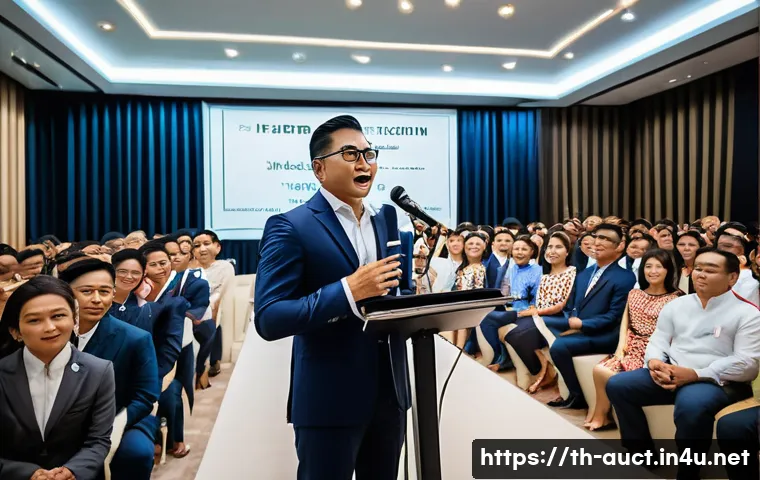 경매사 자격증의 중요성과 필요성 - A professional auctioneer confidently standing at a modern auction house podium in Bangkok, Thailand...