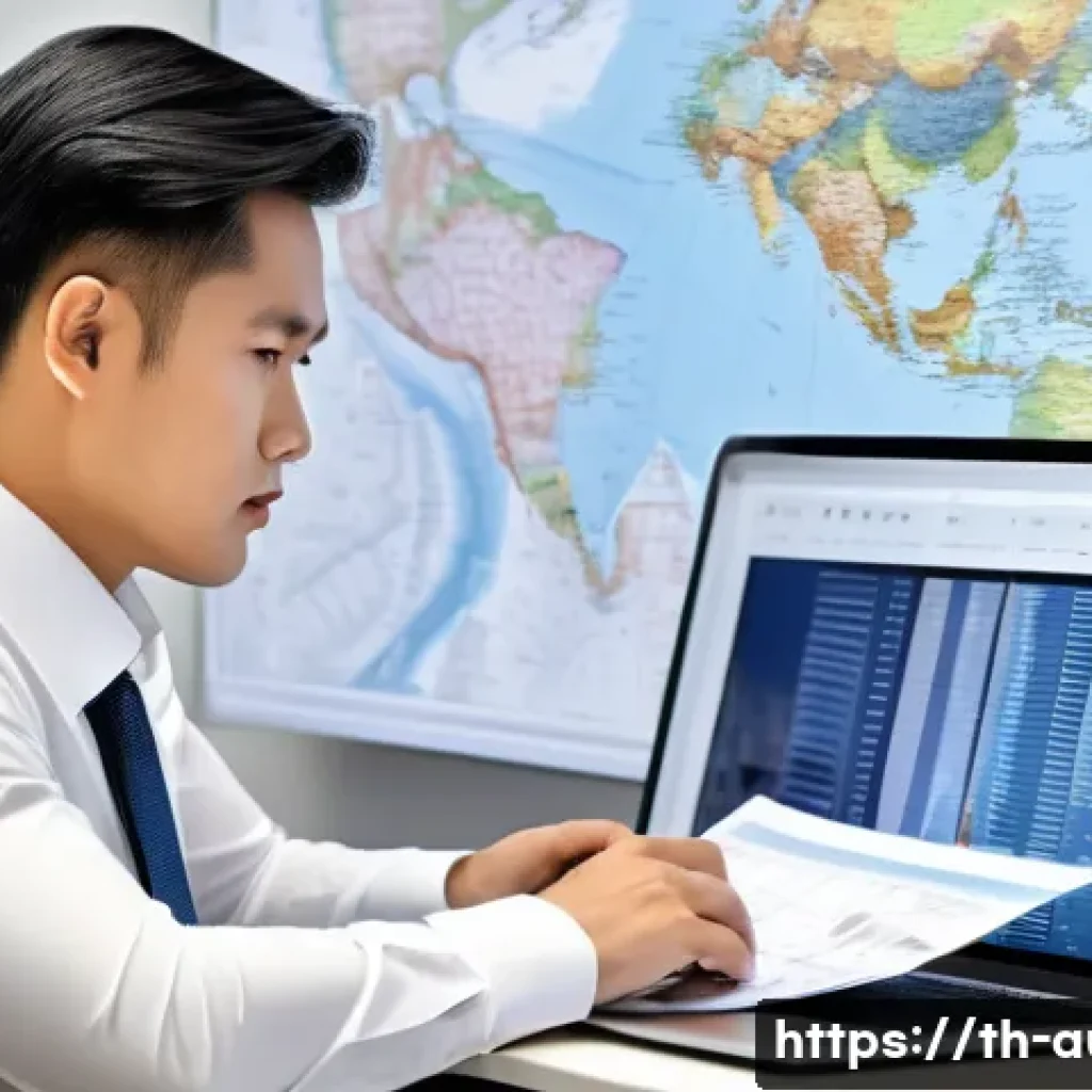 경매사 관련 단기 강의 프로그램 - A professional Thai real estate investor carefully studying detailed market data on a laptop and pri...