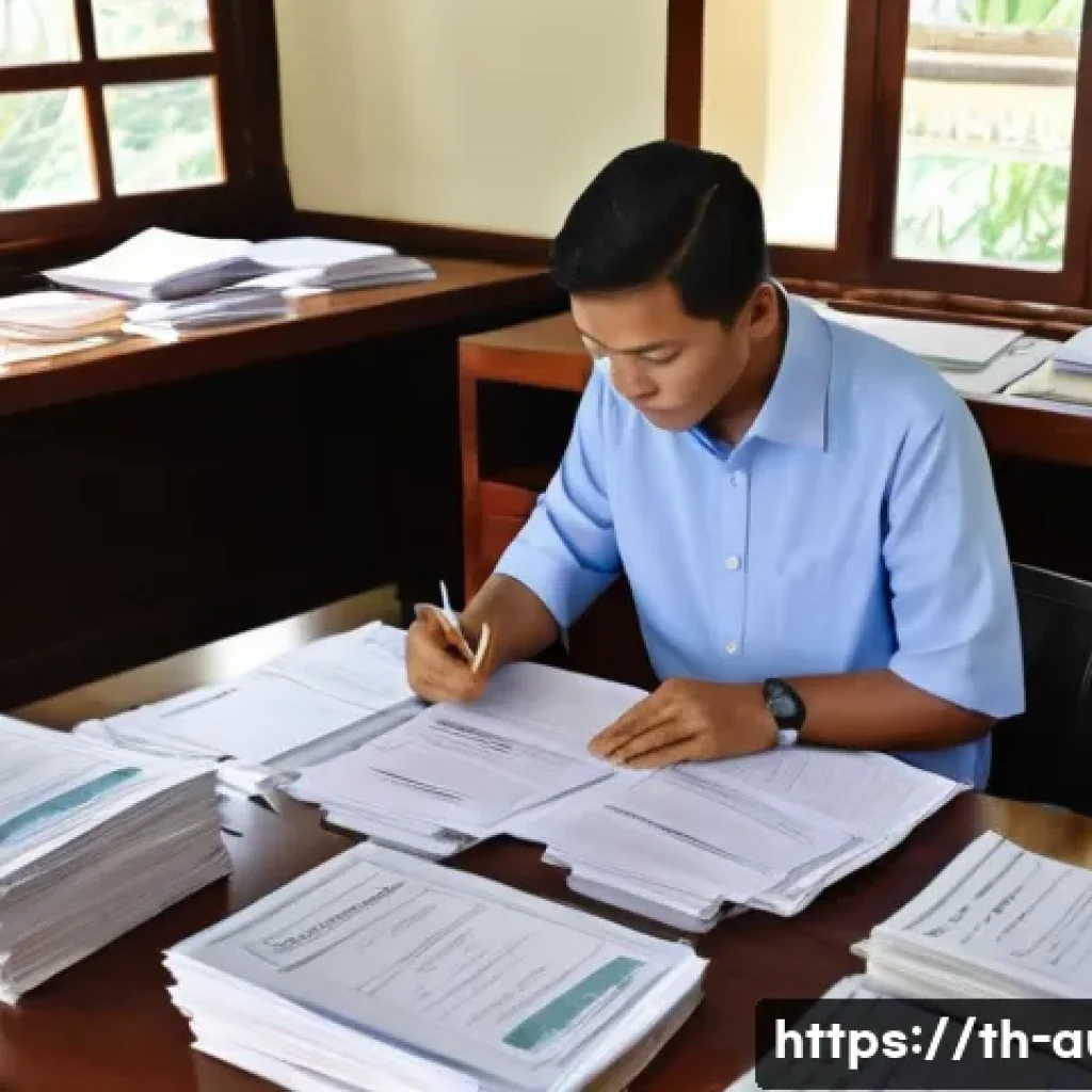 경매사 시험 대비용 기출문제 다운로드 방법 - A detailed image of a Thai government office study room filled with stacks of official documents and...