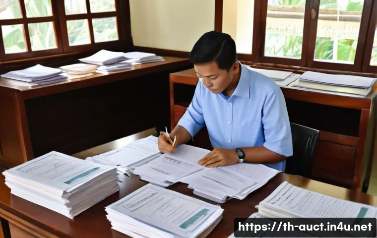 경매사 시험 대비용 기출문제 다운로드 방법 - A detailed image of a Thai government office study room filled with stacks of official documents and...