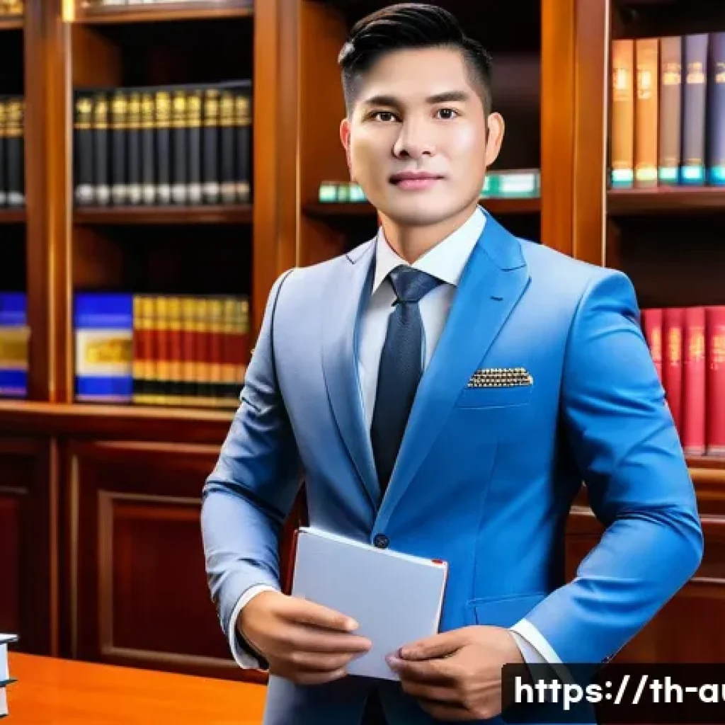 경매사 자격증 취득 후 추가 학습 방법 - A professional Thai auctioneer confidently standing in a modern office surrounded by legal books and...