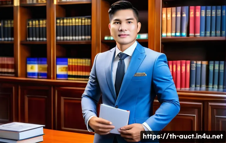 경매사 자격증 취득 후 추가 학습 방법 - A professional Thai auctioneer confidently standing in a modern office surrounded by legal books and...