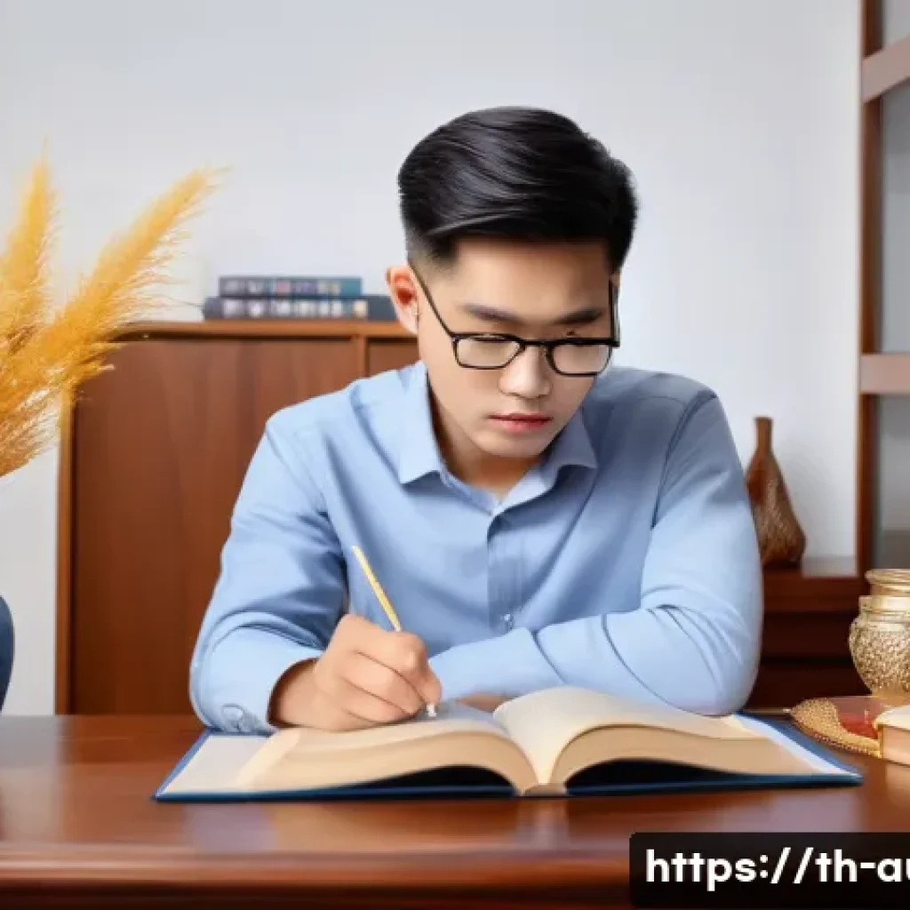 경매사 실기시험 준비 과정의 꿀팁 - A focused Thai adult student studying at a cozy home desk with Thai cultural decorations in the back...