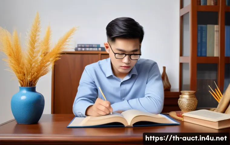경매사 실기시험 준비 과정의 꿀팁 - A focused Thai adult student studying at a cozy home desk with Thai cultural decorations in the back...