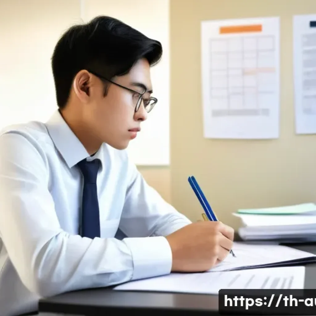 경매사 실기시험 중 주의할 함정 - A focused young Asian student sitting at a neatly organized desk in a quiet exam room, wearing modes...