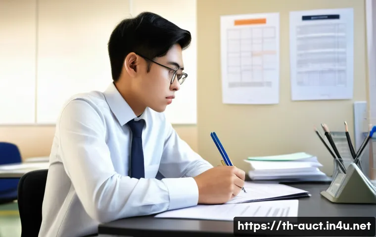 경매사 실기시험 중 주의할 함정 - A focused young Asian student sitting at a neatly organized desk in a quiet exam room, wearing modes...