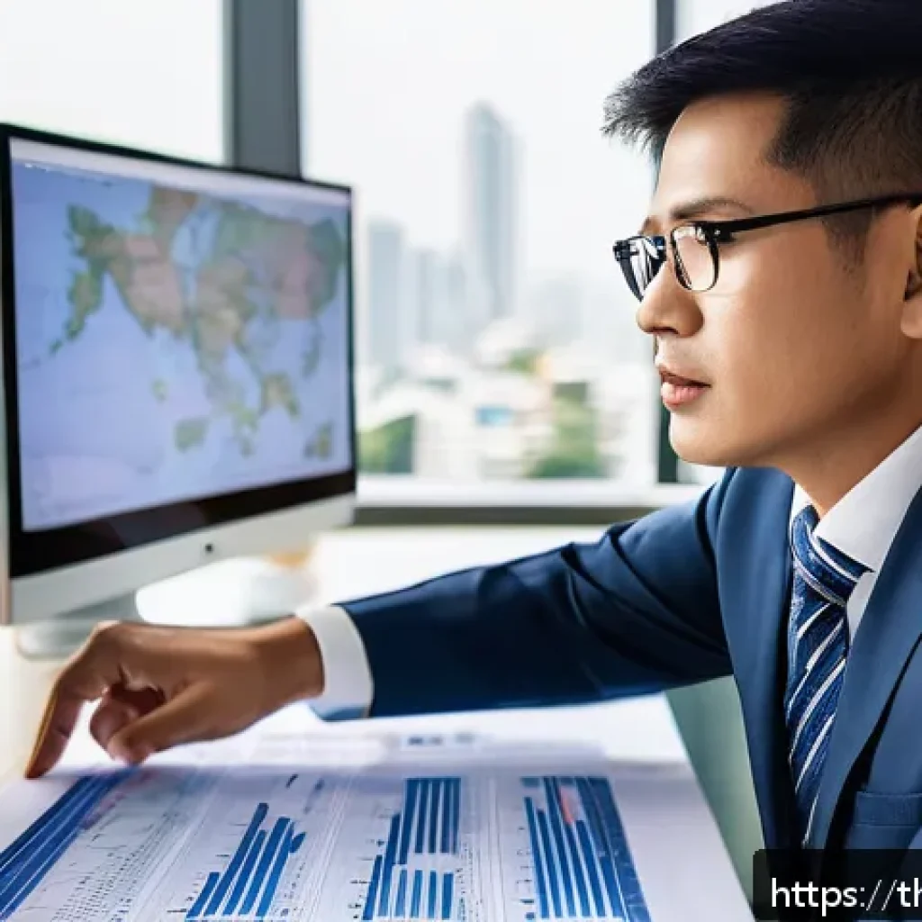 경매사 자격증 취득 후 추가 학습 옵션 - A professional Thai real estate auction agent examining property market data on multiple digital scr...