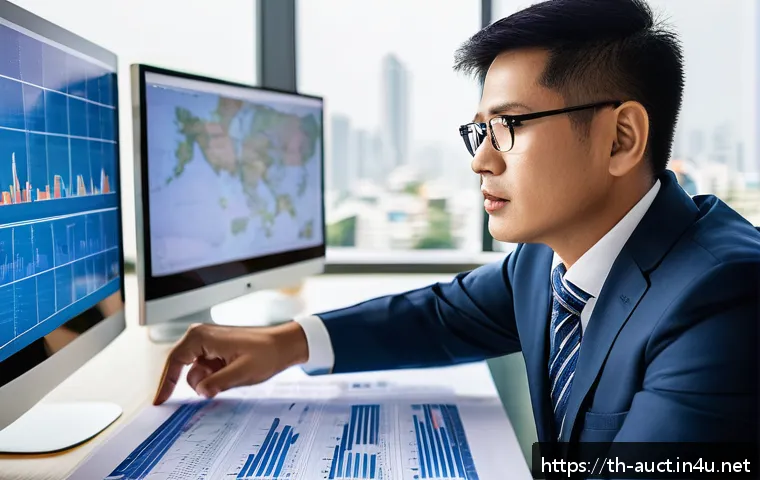 경매사 자격증 취득 후 추가 학습 옵션 - A professional Thai real estate auction agent examining property market data on multiple digital scr...