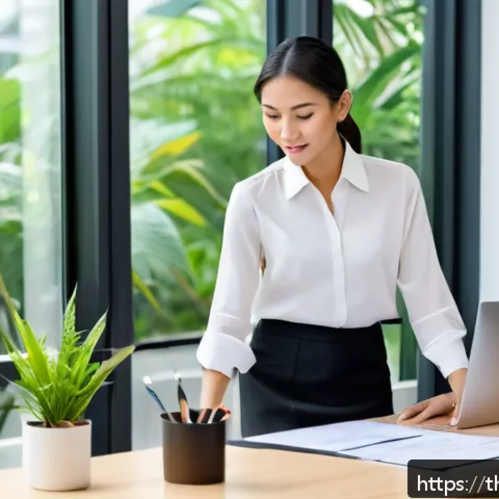 경매사 시험 준비 중 필요한 도구 - A professional Thai businesswoman sitting at a tidy wooden desk in a modern office, organizing gover...