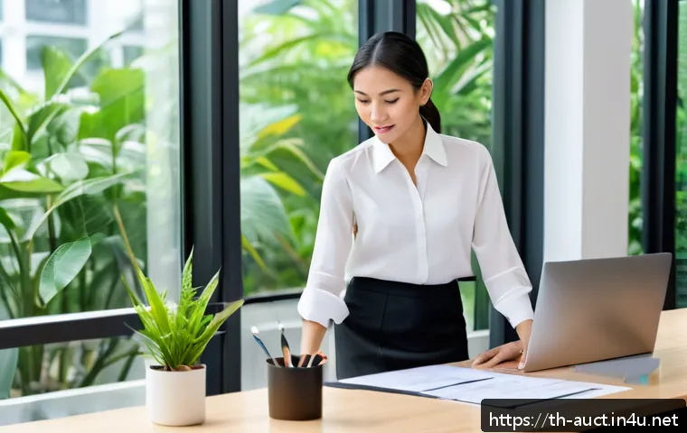 경매사 시험 준비 중 필요한 도구 - A professional Thai businesswoman sitting at a tidy wooden desk in a modern office, organizing gover...