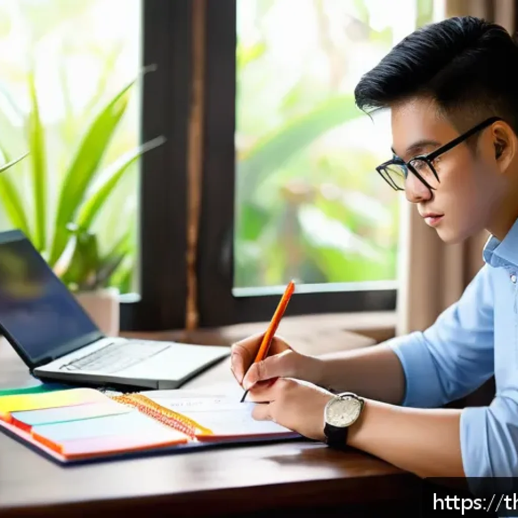 경매사 시험 준비 관련 유용한 참고 사이트 - A focused Thai student sitting at a wooden desk in a cozy, well-lit room, organizing a detailed stud...