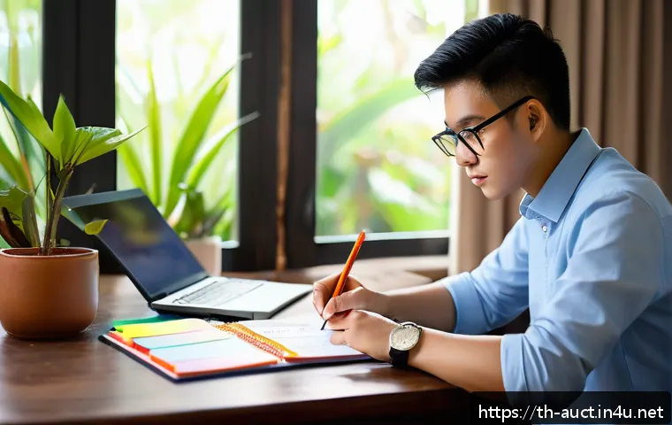경매사 시험 준비 관련 유용한 참고 사이트 - A focused Thai student sitting at a wooden desk in a cozy, well-lit room, organizing a detailed stud...