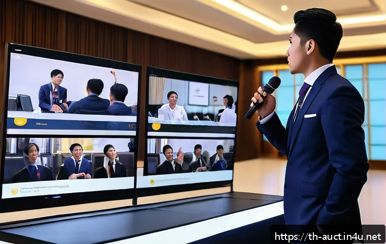 경매사 직업 만족도 조사 결과 - A professional auctioneer in a modern Thai auction house, confidently managing a live bidding sessio...