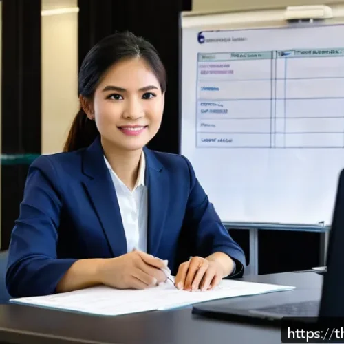 경매사 실기시험 중 자주 겪는 문제점 해결 - A professional Thai office environment showing a young Thai woman in business casual attire, sitting...