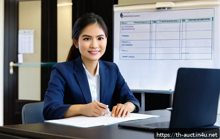 경매사 실기시험 중 자주 겪는 문제점 해결 - A professional Thai office environment showing a young Thai woman in business casual attire, sitting...