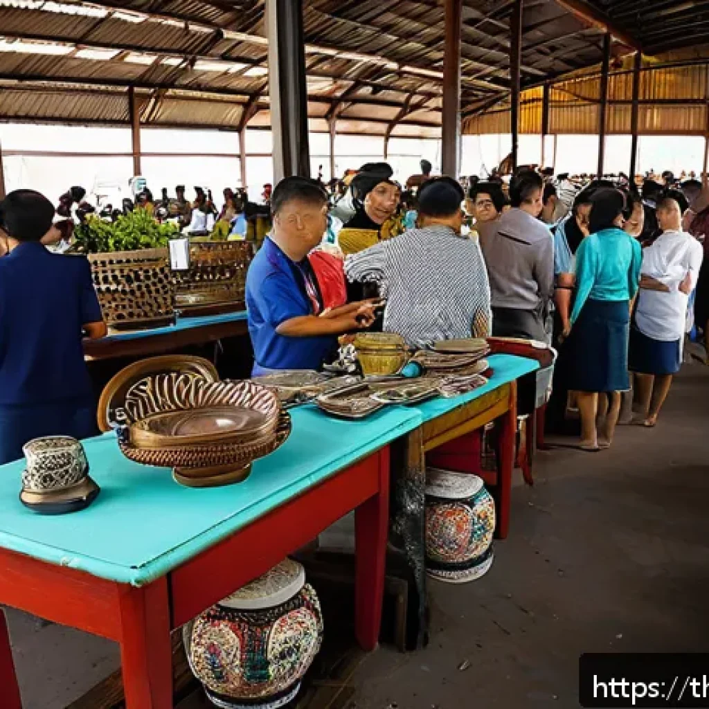 경매사 경력을 활용한 창업 아이디어 - A detailed scene of a vibrant Thai auction market specializing in second-hand goods, featuring diver...