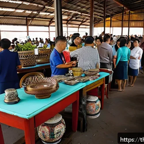 경매사 경력을 활용한 창업 아이디어 - A detailed scene of a vibrant Thai auction market specializing in second-hand goods, featuring diver...