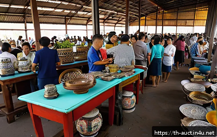 경매사 경력을 활용한 창업 아이디어 - A detailed scene of a vibrant Thai auction market specializing in second-hand goods, featuring diver...