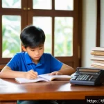 경매사 시험 중점 학습 주제 - A focused young Thai student sitting at a tidy wooden desk in a bright, cozy room, surrounded by ope...