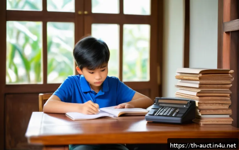경매사 시험 중점 학습 주제 - A focused young Thai student sitting at a tidy wooden desk in a bright, cozy room, surrounded by ope...
