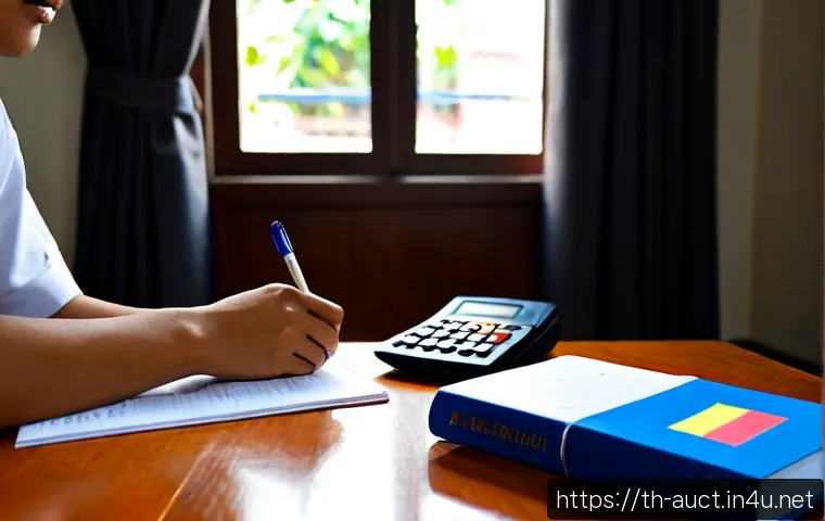 경매사 시험 중점 과목 요약 - Photorealistic Thai auctioneer exam preparation scene, an adult Thai student studying at a tidy wood...