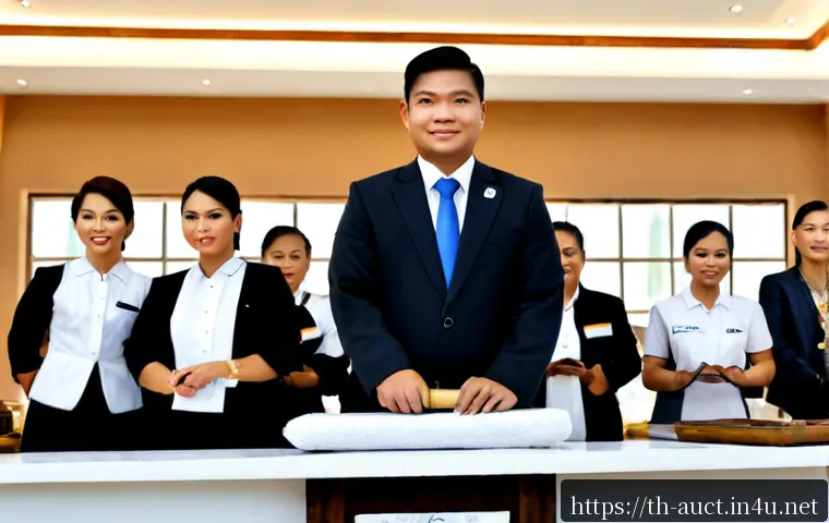 Home 17 경매사 실기시험 성공 사례 - Photorealistic Thai auctioneer practical exam success scene, confident young Thai professional stand...