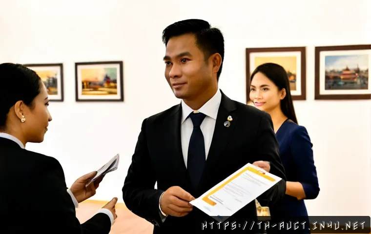 경매사 경력 개발에 유용한 네트워킹 팁 - Photorealistic professional networking reception in an elegant Bangkok auction house, a confident Th...