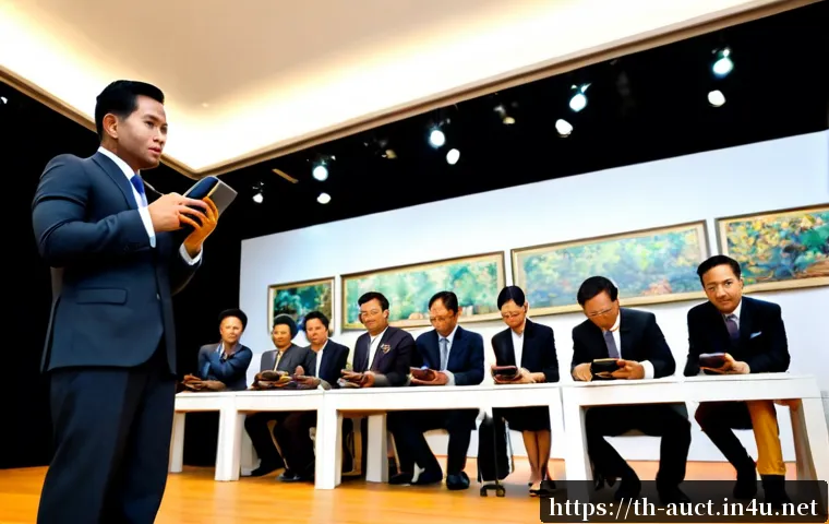 경매사 관련 최신 뉴스와 트렌드 - Photorealistic contemporary auction house in Bangkok, professional Thai auctioneer in a tailored sui...
