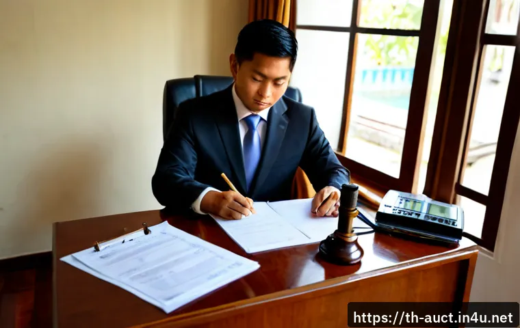 경매사 시험 합격률과 난이도 - Photorealistic Thai professional preparing for a challenging auctioneer certification exam, seated a...